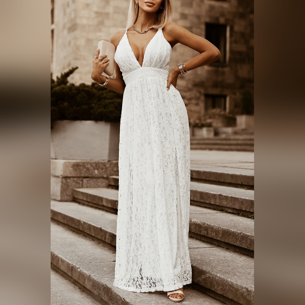 LAST ONE! White Lace Maxi Dress With V-Neck - Picture 6 of 6